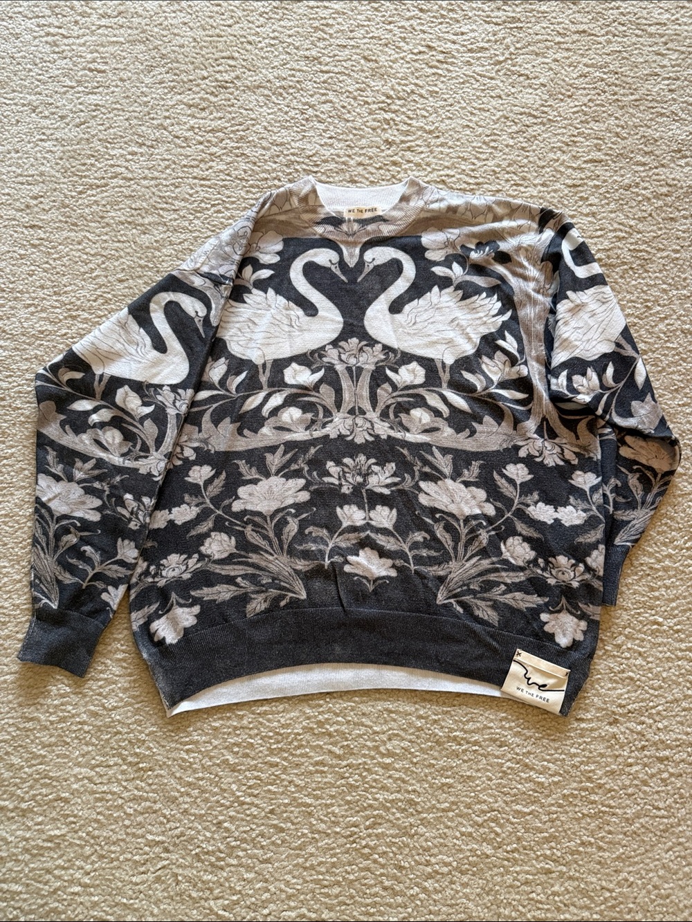 We The Free Black and Cream Swan & Floral Knit Sweater
